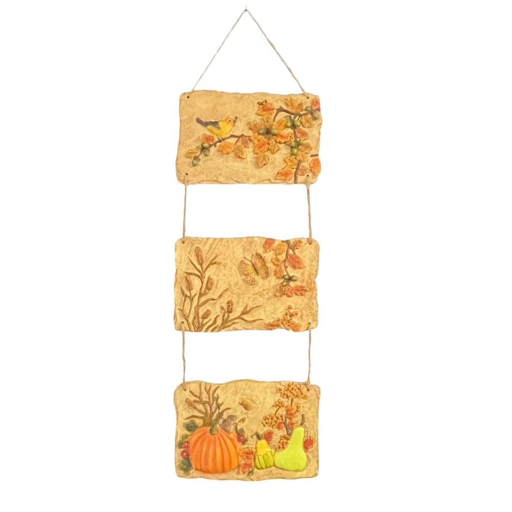 Fall Harvest Wall Hanging Vintage Pumpkins Mouse Butterfly Bird Charming 22"
